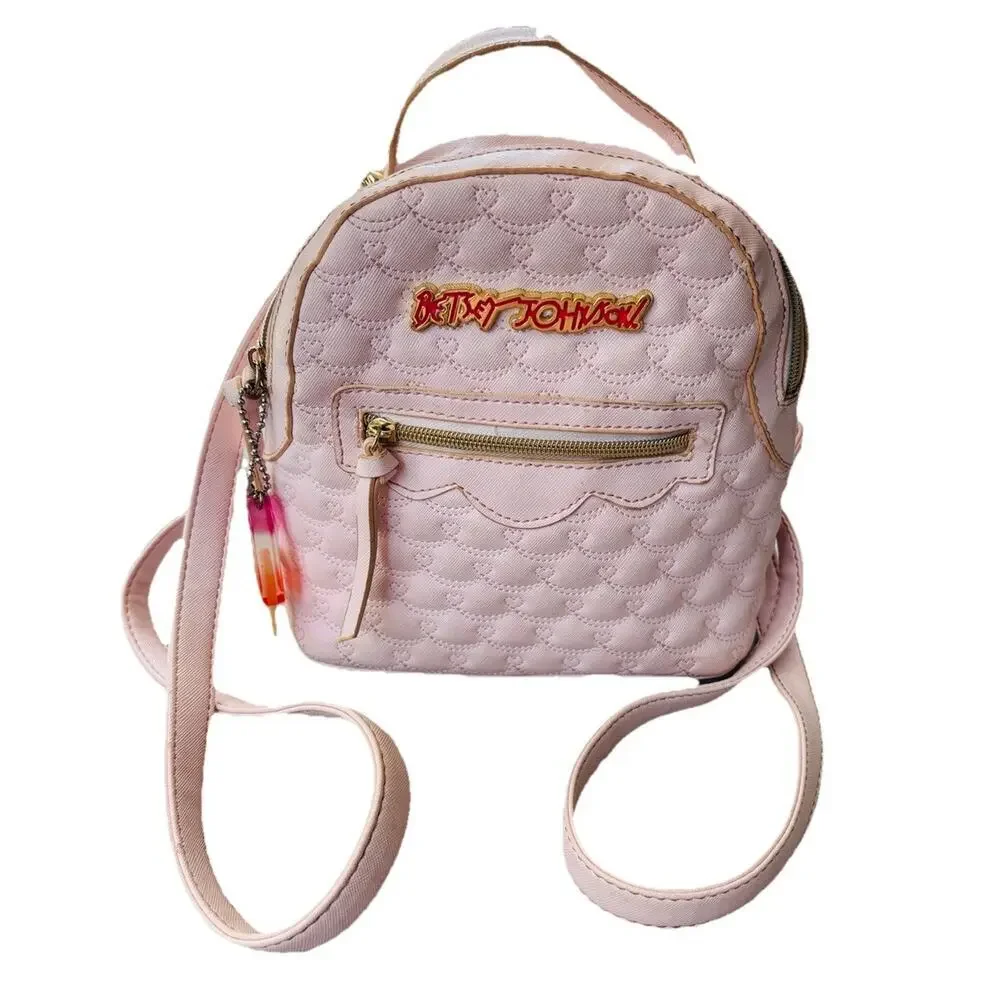 Betsey Johnson Womens Pink Blush Quilted Backpack Zipper Pockets Logo Lined